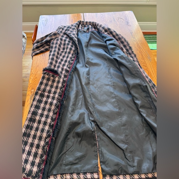 Vintage DS Essentials Faux Fur Trim Houndstooth Long Jacket Coat pink black - Picture 7 of 8